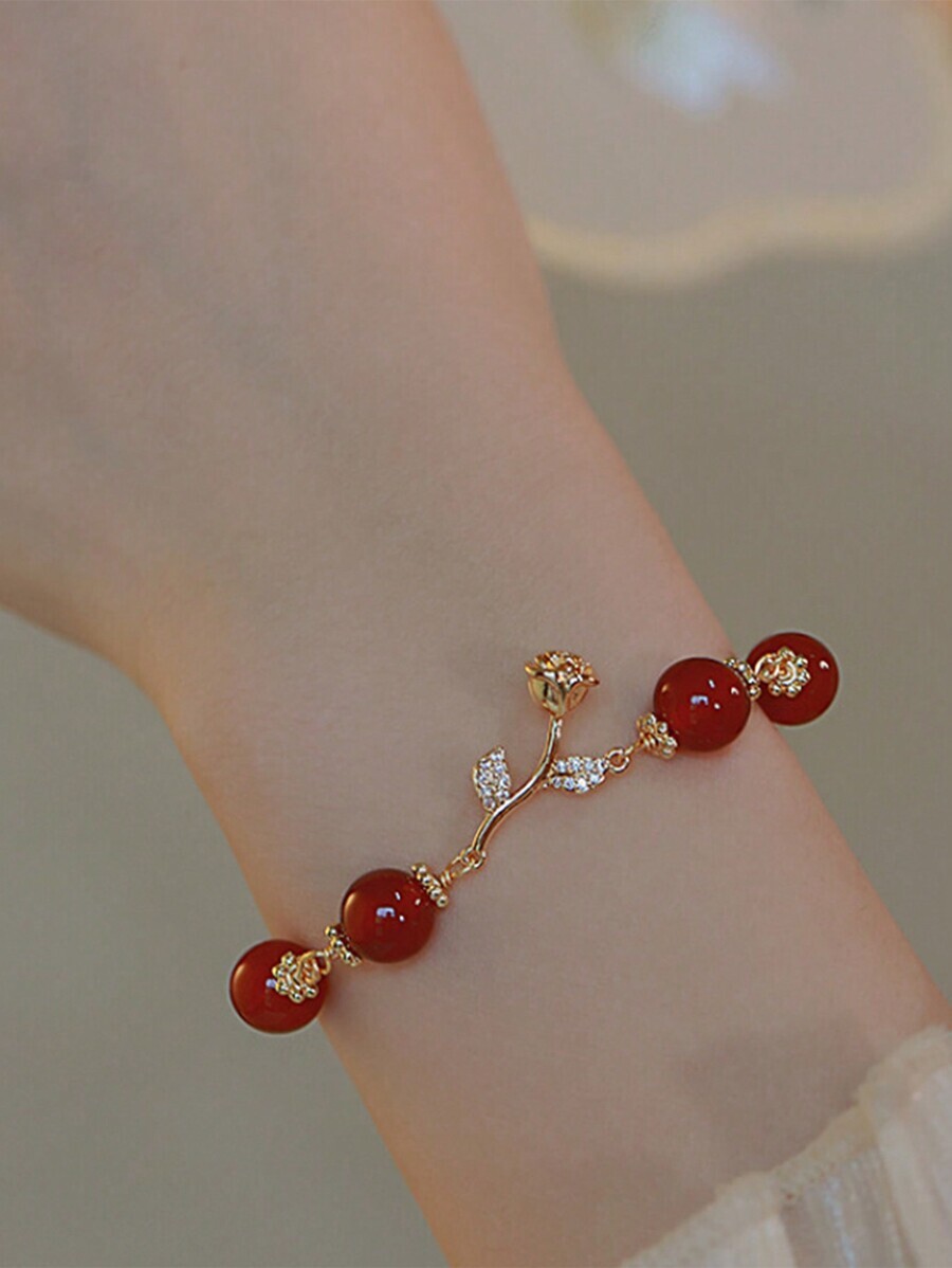 ジュエリー レディース ブレスレット ビーズ 1個 レッドローズアゲート ラインストーン 天然石ブレスレット、ゴールドメタルローズ拍卖
