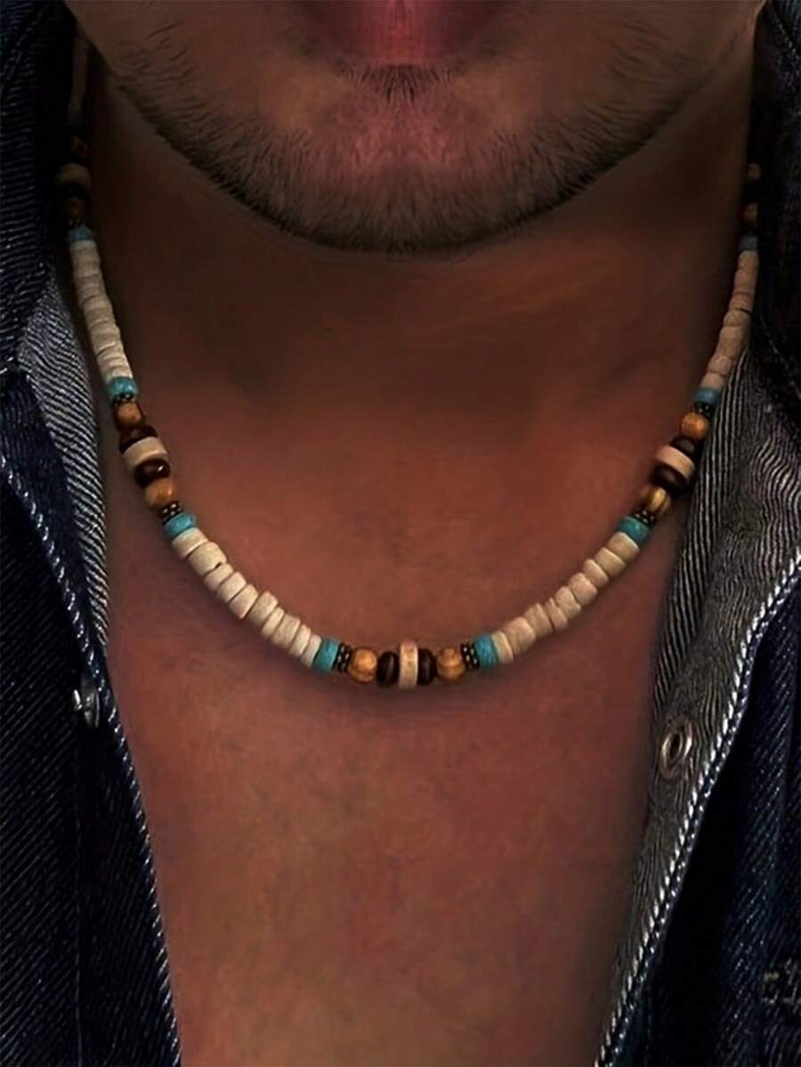 ジュエリー メンズ ネックレス 1個 夏のボヘミアン調 白いココナッツサーファーネックレス メンズ ジュエリー、ビンテージ木製ビー拍卖