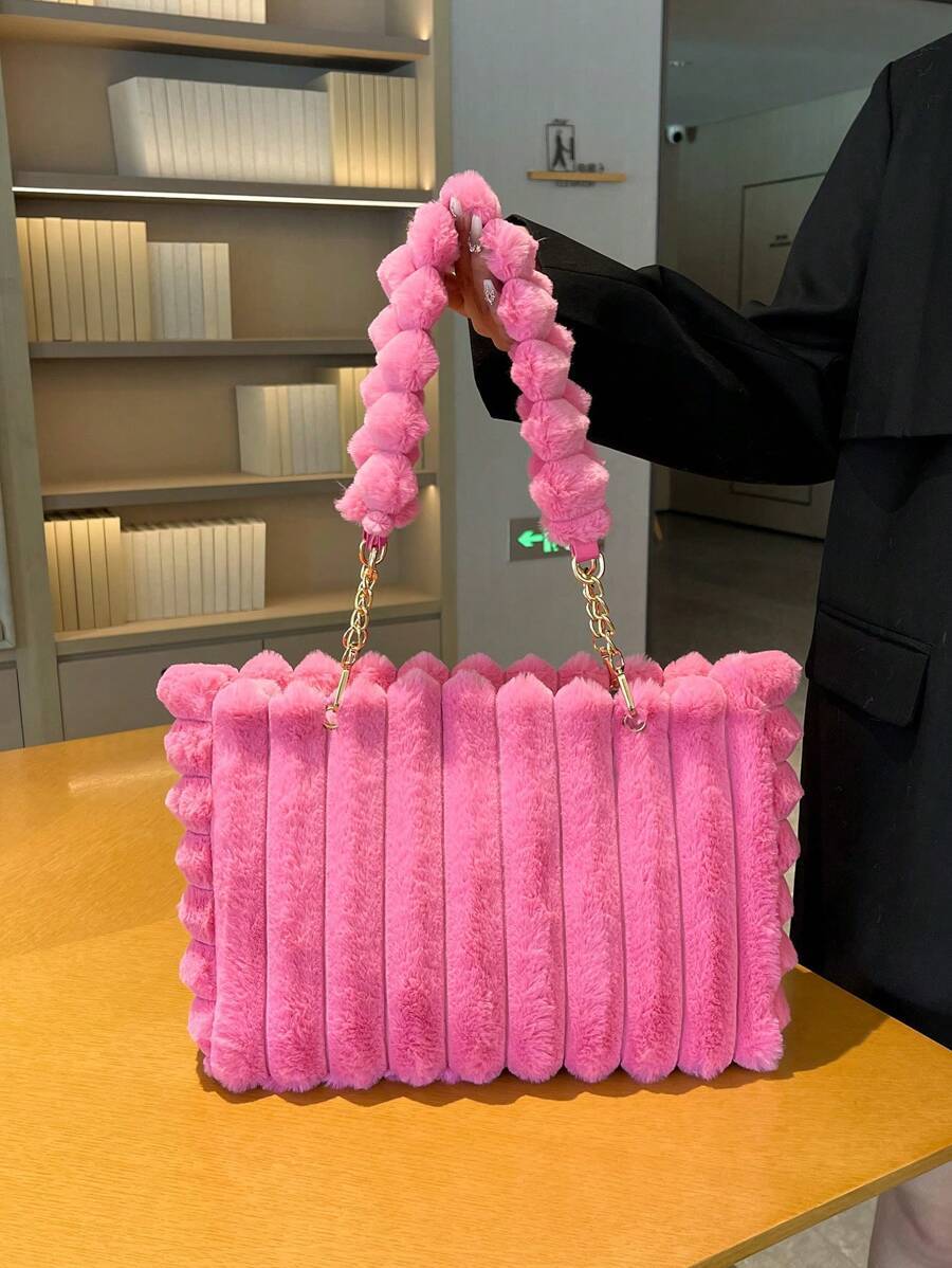 バッグ レディース トートバッグ 1個 ジッパー付きオーバーサイズ ファジー トートバッグ、ファッションメタルチェーン ファジー拍卖