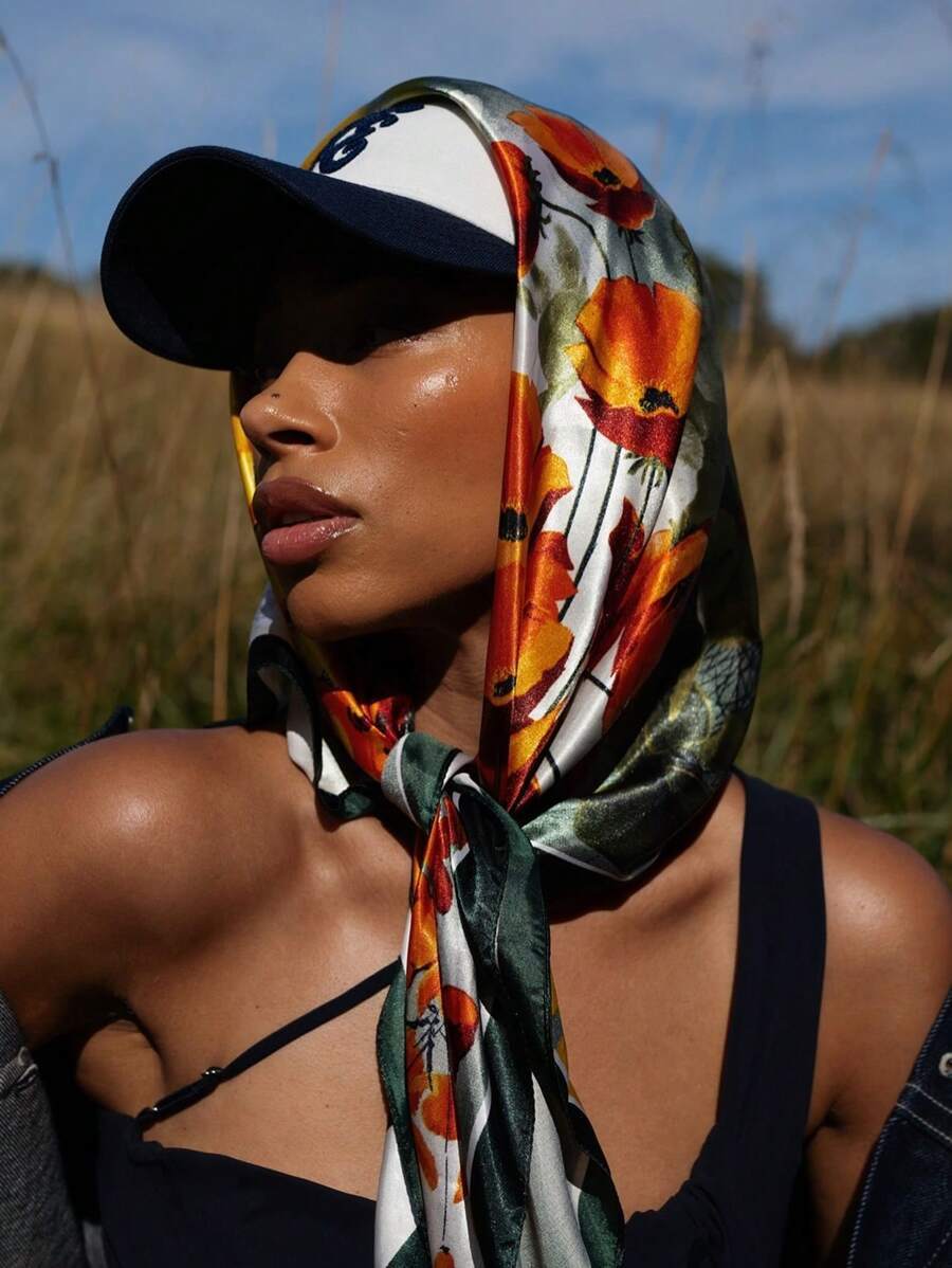 アクセサリー レディース スカーフ 1個 フローラル プリント サテンスカーフ 90x90cm 女性用 バンダナ グリーン 夏の旅拍卖