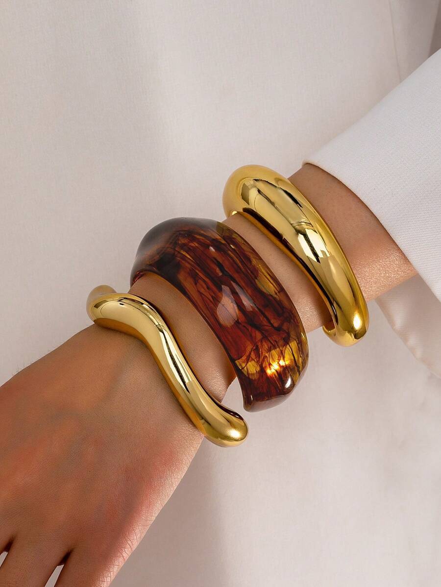 ジュエリー レディース ブレスレット バングル 3個入り レディース ビッグカフブレスレットセット、誇張されたオーバーサイズブラウ拍卖