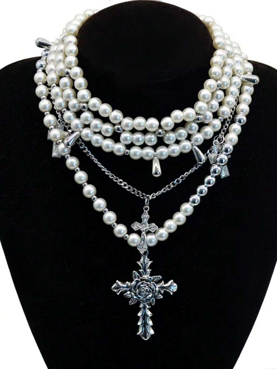 ジュエリー レディース ネックレス セット 1セット マルチレイヤー 人工真珠ビーズネックレス、ユニークな特別デザインチョーカー、拍卖