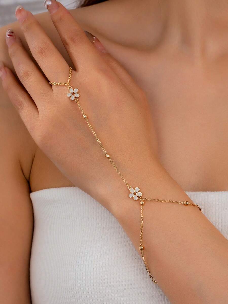 ジュエリー レディース ブレスレット ミトン 1個 エレガントなミニマリスト白色ペタル ビーズ オープンリング 指輪ブレスレット拍卖