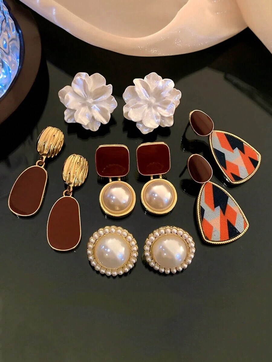ジュエリー レディース イヤーアクセサリー セット 5個セット バーガンディフラワーエナメル&フェイクパールスタッドピアス、ファッ拍卖
