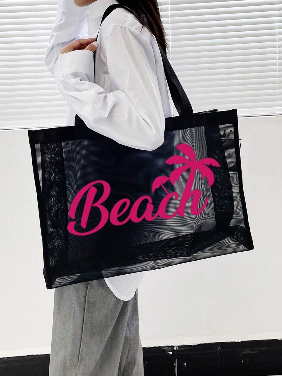 バッグ レディース トートバッグ 通気性のあるビーチメッシュ トートバッグ、ココナッツツリーレタープリント、大容量カジュアルトート拍卖