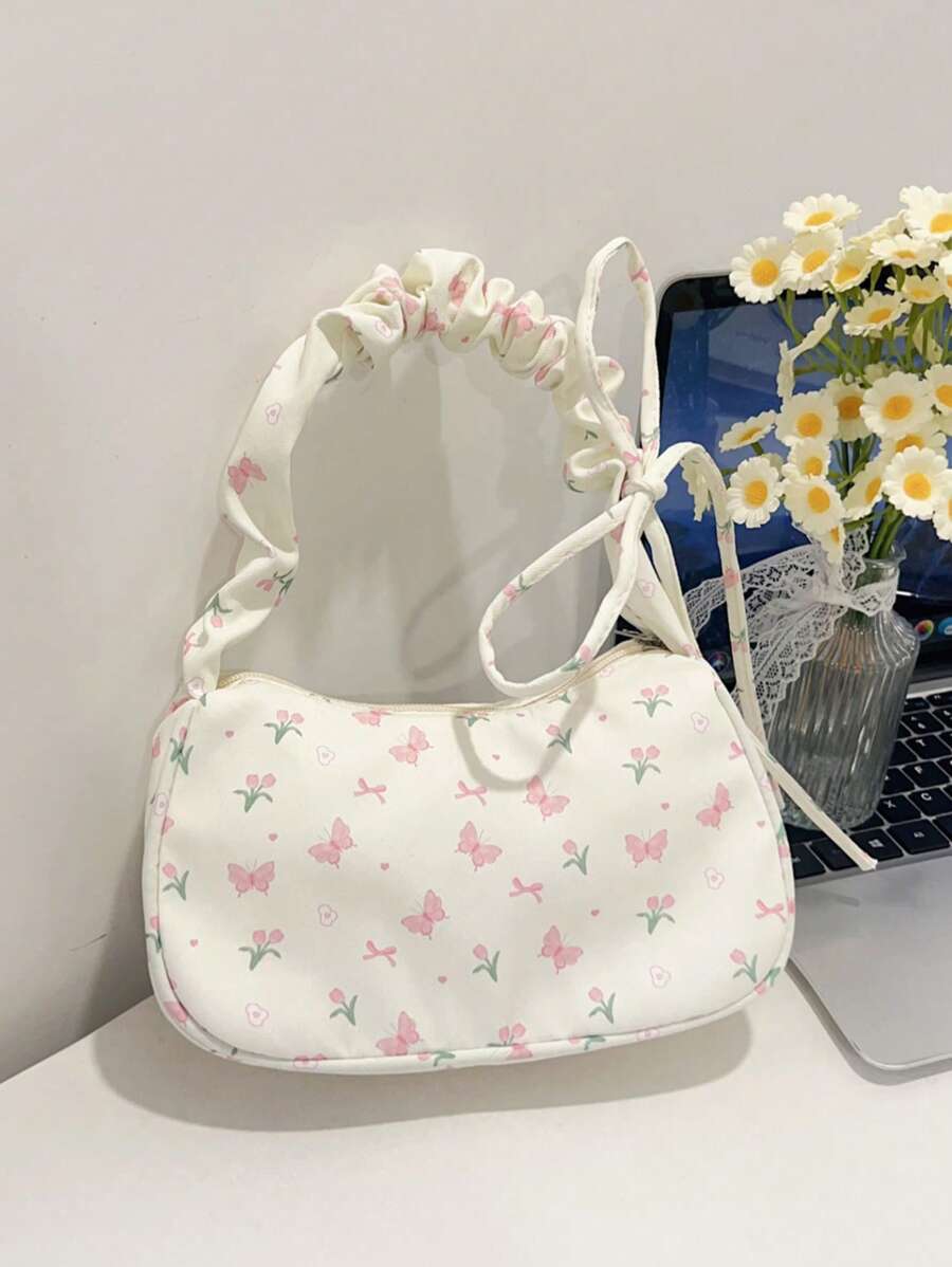 バッグ レディース ショルダーバッグ 1個 ホワイトナイロン生地 滑らかなジッパー リボン柄 巾着ショルダーストラップ デザイン拍卖