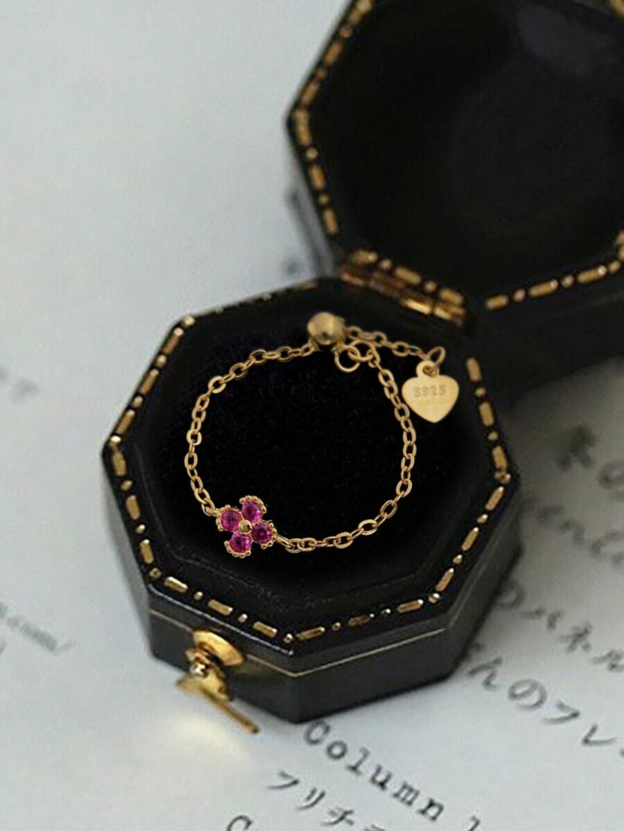 リング レディース シングル 1個 レッドフラワージルコニア調整可能な指輪 女性用ジュエリー S925スターリングシルバー エレガ拍卖