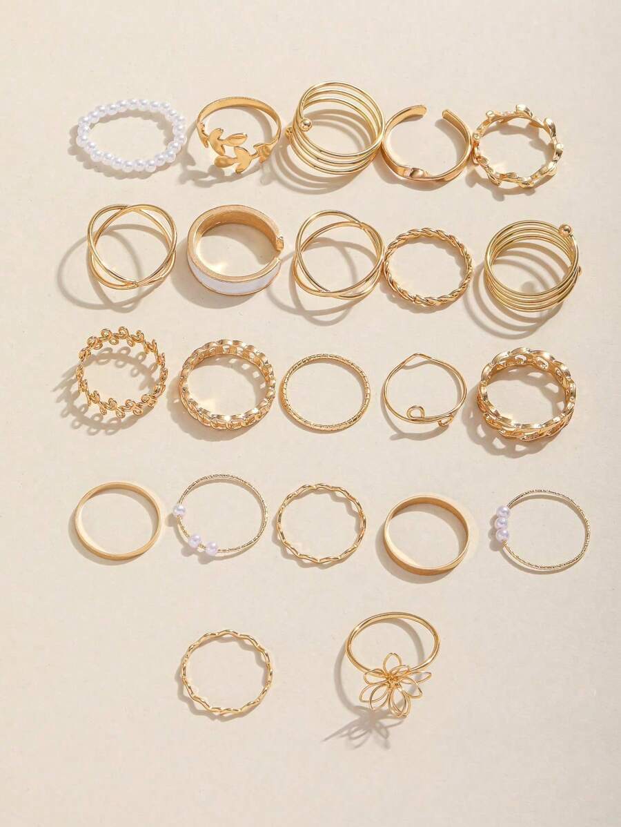 リング レディース セット ボヘミアン リング セット 22個入り、フラワー、リーフ、フェイクパール、レディース、デイリー、ビーチ拍卖