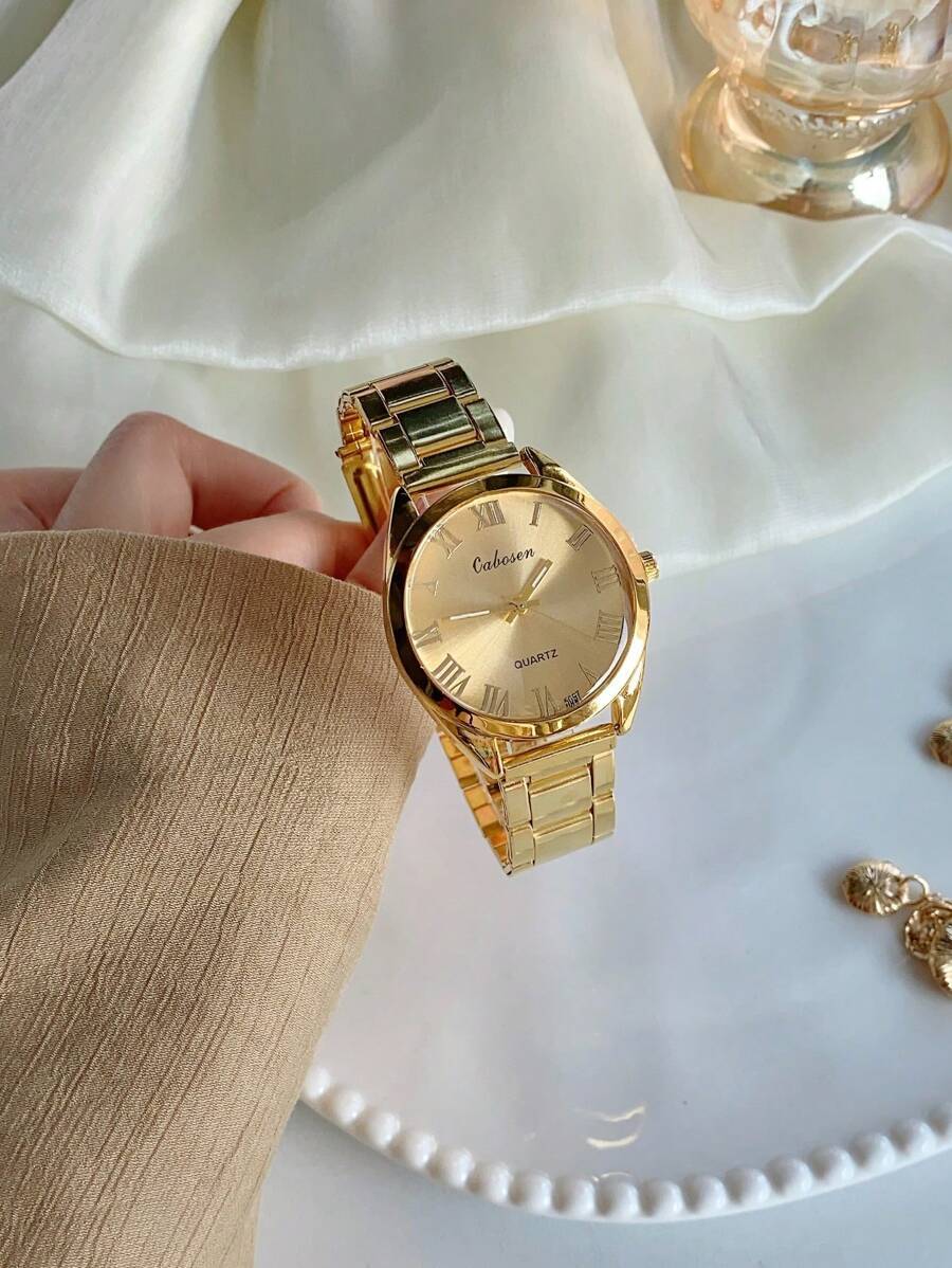 腕時計 レディース クォーツ 1個 レディース ファッション エレガントゴールド ラウンドダイヤル クォーツ 腕時計、デイリー装飾拍卖