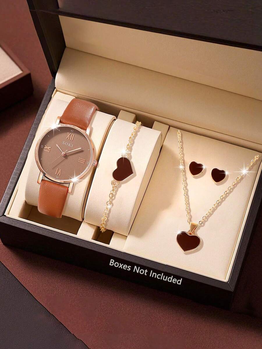 腕時計 レディース セット レディース 5点セット ブラウンPUストラップ カジュアル クォーツ腕時計 ネックレス ピアス ブレス拍卖