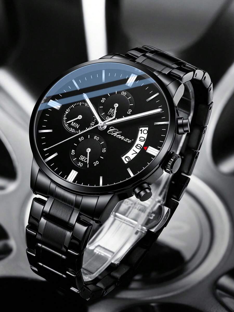 腕時計 メンズ クォーツ 多機能スポーツクォーツ時計メンズウォッチ防水カレンダースチールバンドオールズウォッチクラシックブラック拍卖