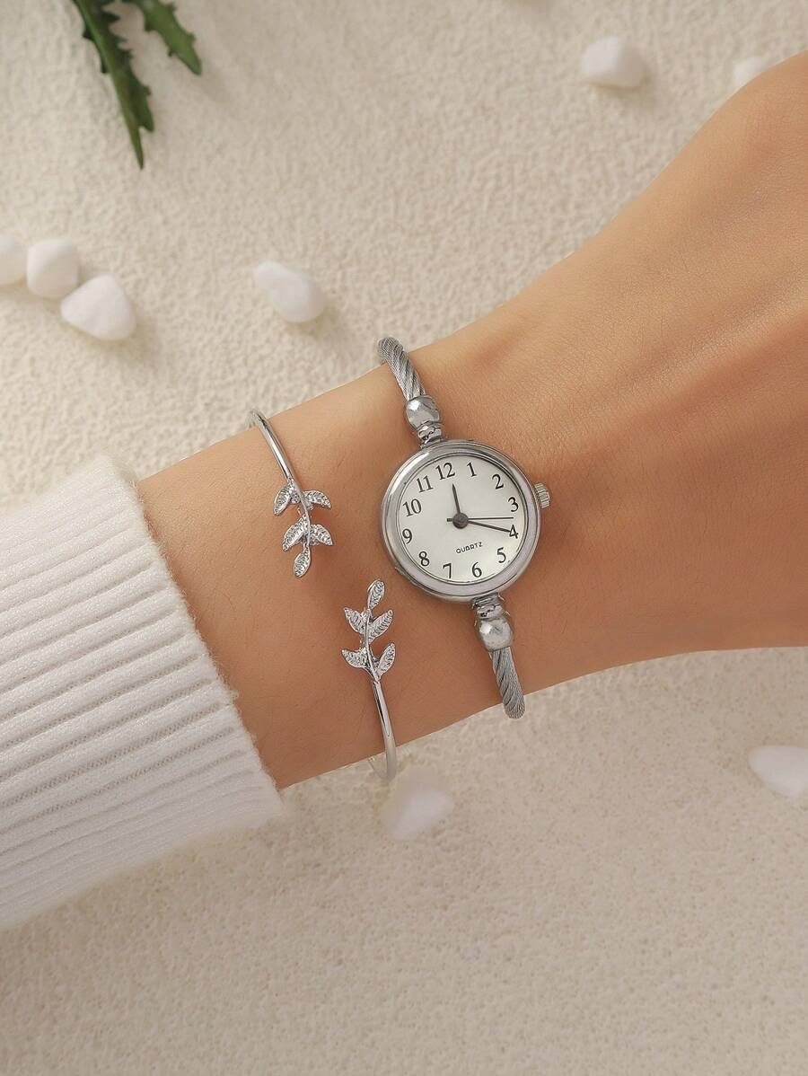 腕時計 レディース セット 1個 クラシック&レトロな女性用クォーツ腕時計、ブレスレット付き。1個の調整可能なシルバーリーフオープ拍卖