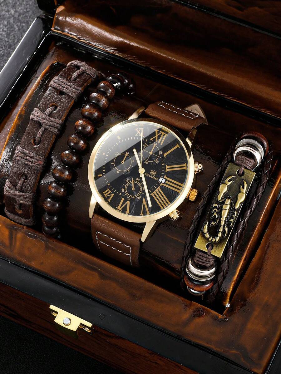 腕時計 メンズ セット 1個 メンズ 針式クォーツ腕時計と3個ブレスレットのギフトセット、学生の新学期に拍卖