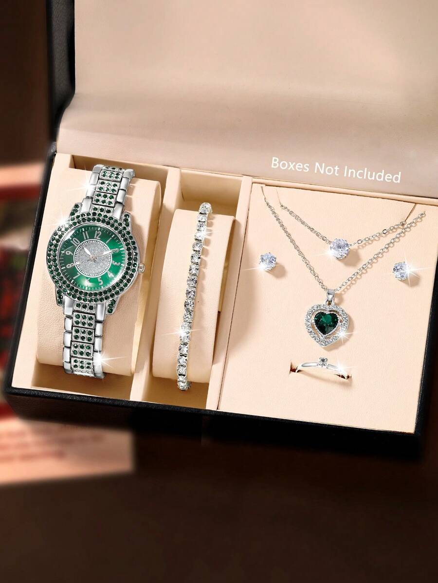 腕時計 レディース セット 国民の日レディース腕時計7点セット、豪華でファッショナブル。フルダイヤモンドの丸型ダイヤル、フルダイヤ拍卖