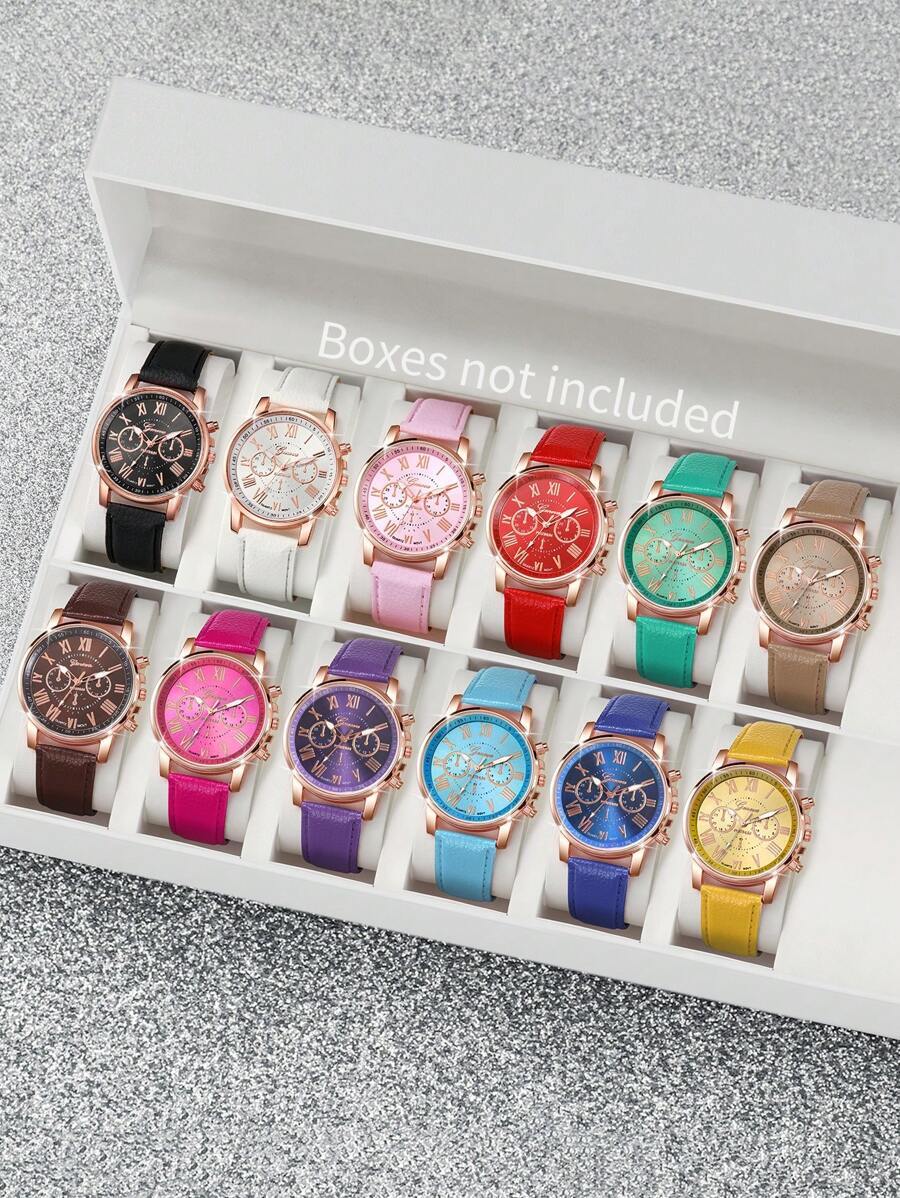 腕時計 レディース セット 12個セット:レディース キャンディーカラー 革ベルト ファッションカジュアル ローマ数字ダイヤル ク拍卖