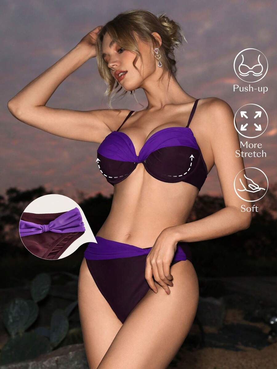 レディース 水着 ビキニセット レディース カラーブロック ツイストノット ビキニセット 夏 ビーチ拍卖