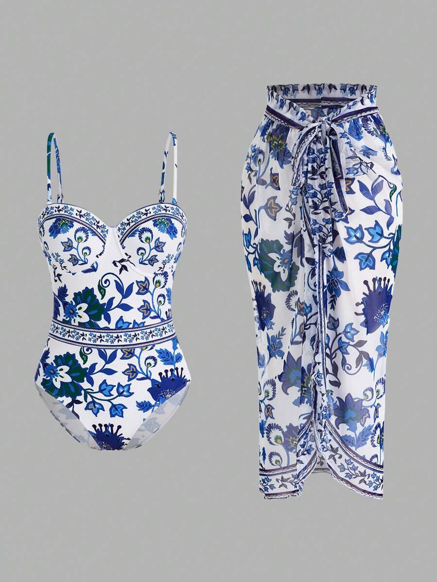 レディース 水着 ワンピース 夏のビーチリゾートレディース フラワープリントワンピース水着(キャミ付き)、スカート付きカバーアップ拍卖