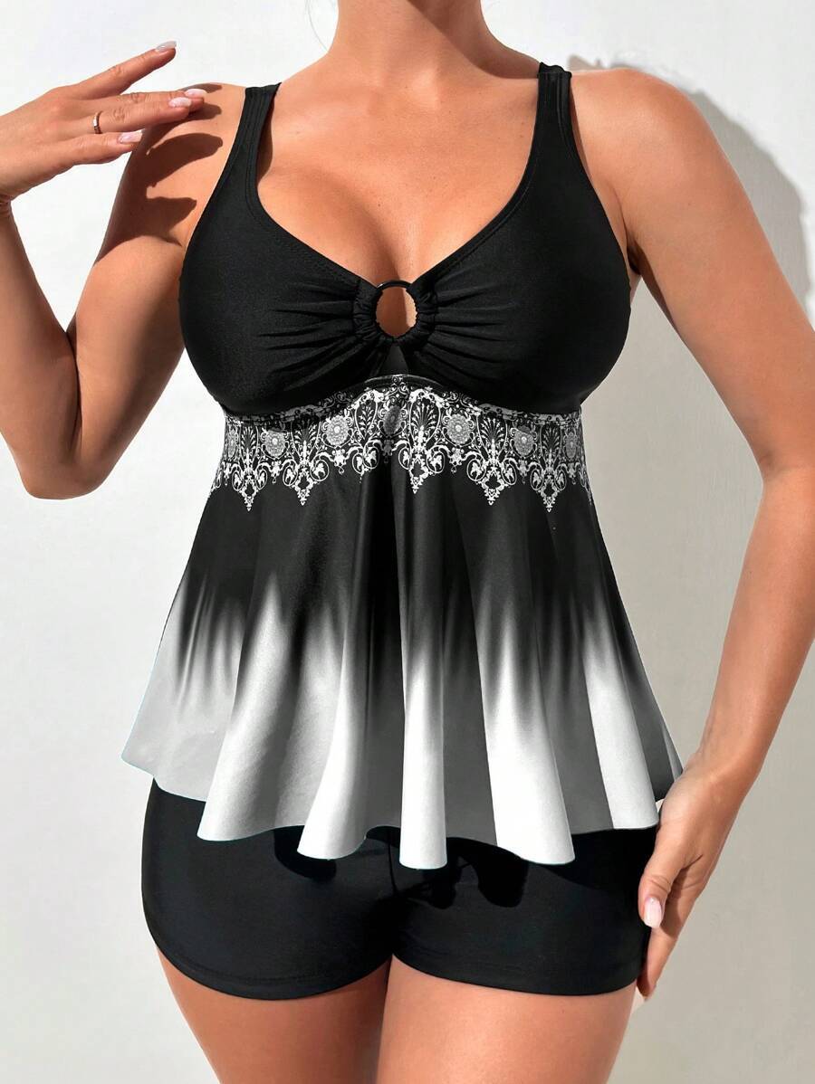 レディース 水着 ビキニセット 夏用 女性用 フローラル柄 オンブレ調 タンキニ水着拍卖