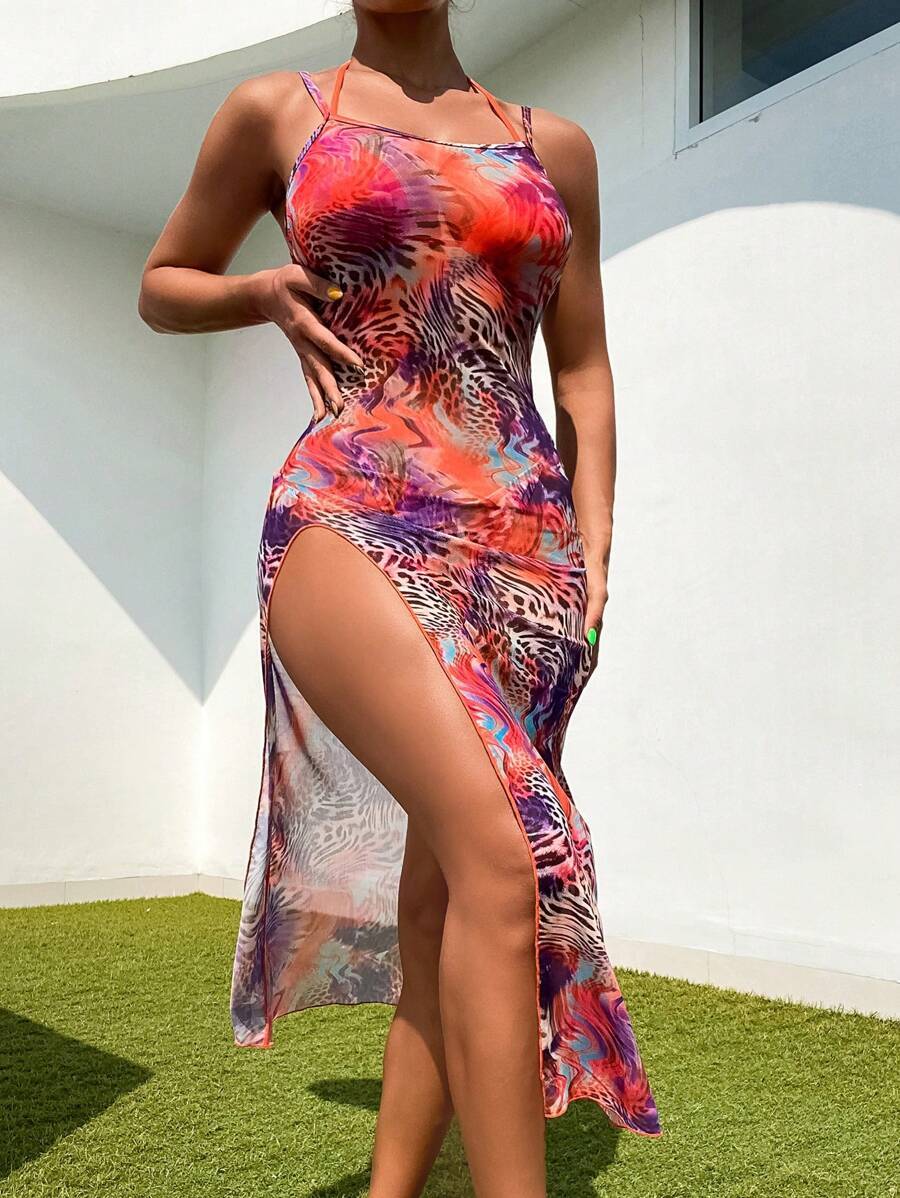 レディース 水着 ビキニセット ホルターネックトップ ワンカラー、アニマル柄ボトム、ビキニ 3点パック 夏 ビーチ拍卖