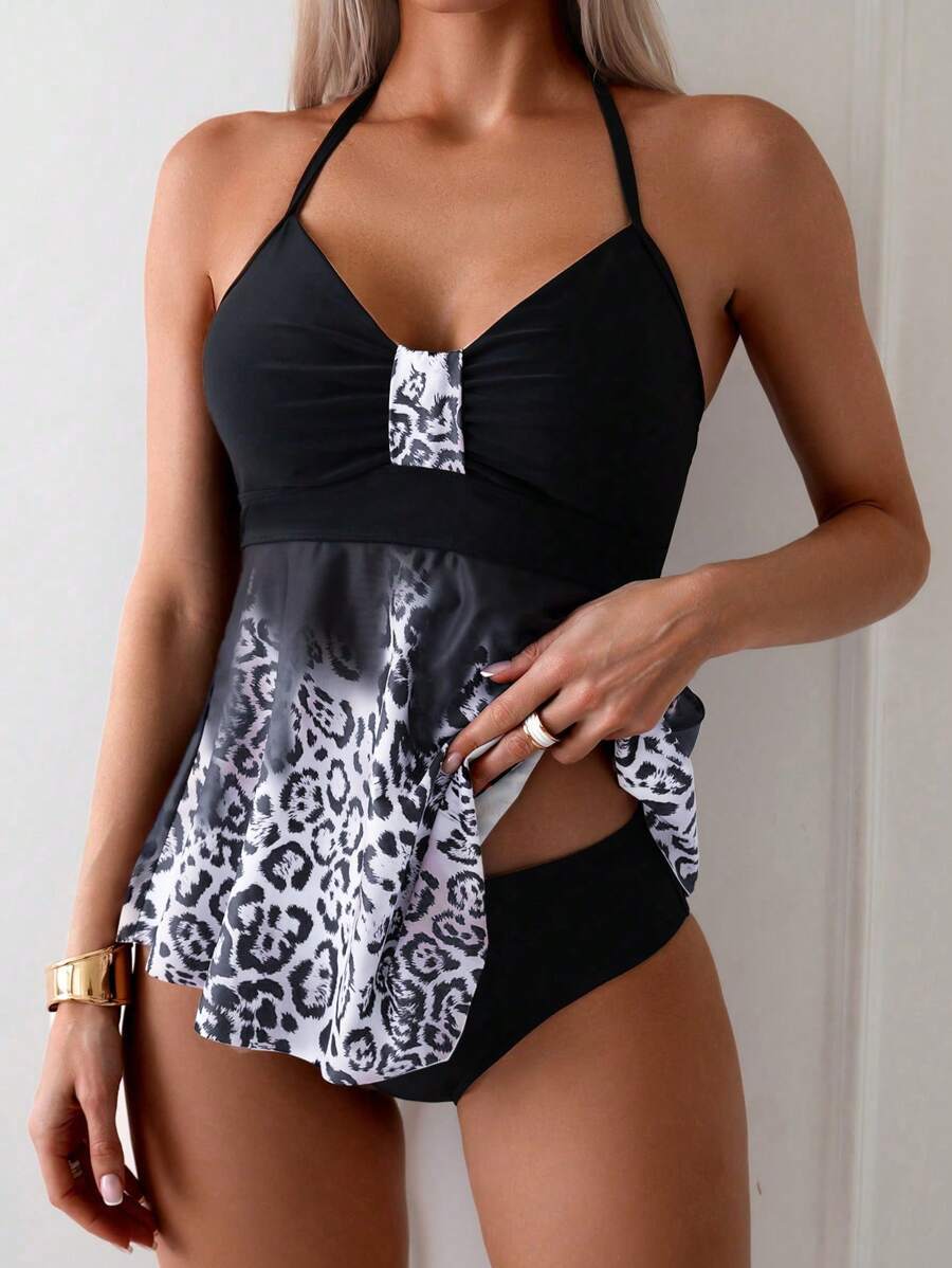 レディース 水着 ビキニセット レオパード柄とフラワー柄のプリーツカジュアルホルターネックタンキニ水着、ビーチ旅行、夏用拍卖