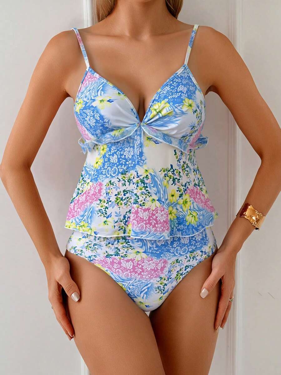 レディース 水着 ビキニセット 女性用 ビーチバケーション ディジーフローラル ラッフルエッジ 調整可能なスパゲッティストラップ拍卖