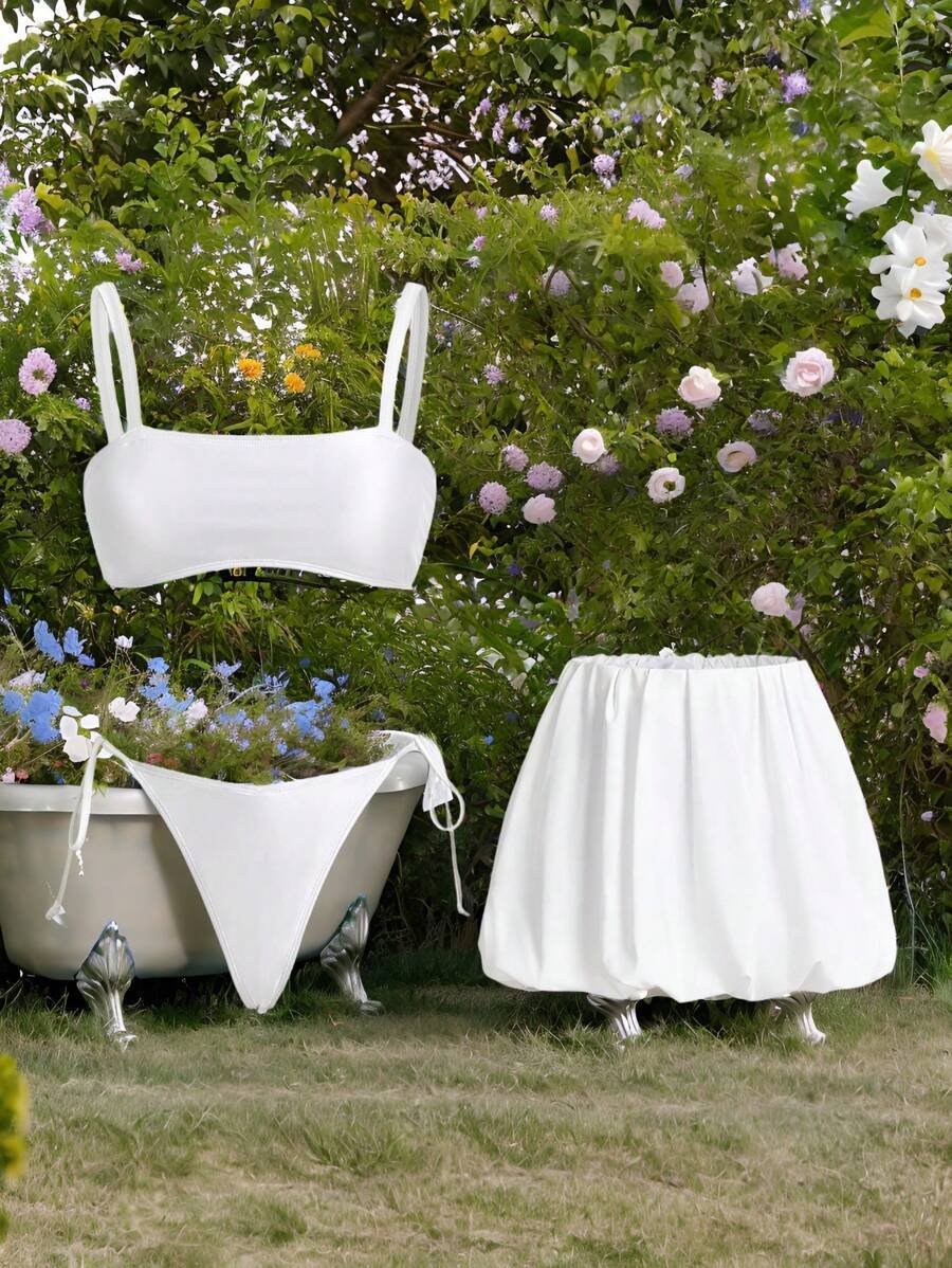 レディース 水着 ビキニセット 夏の女性用 3点セット スパークリング素材 スクエアネック ワイドストラップ フリルトリム スパゲ拍卖