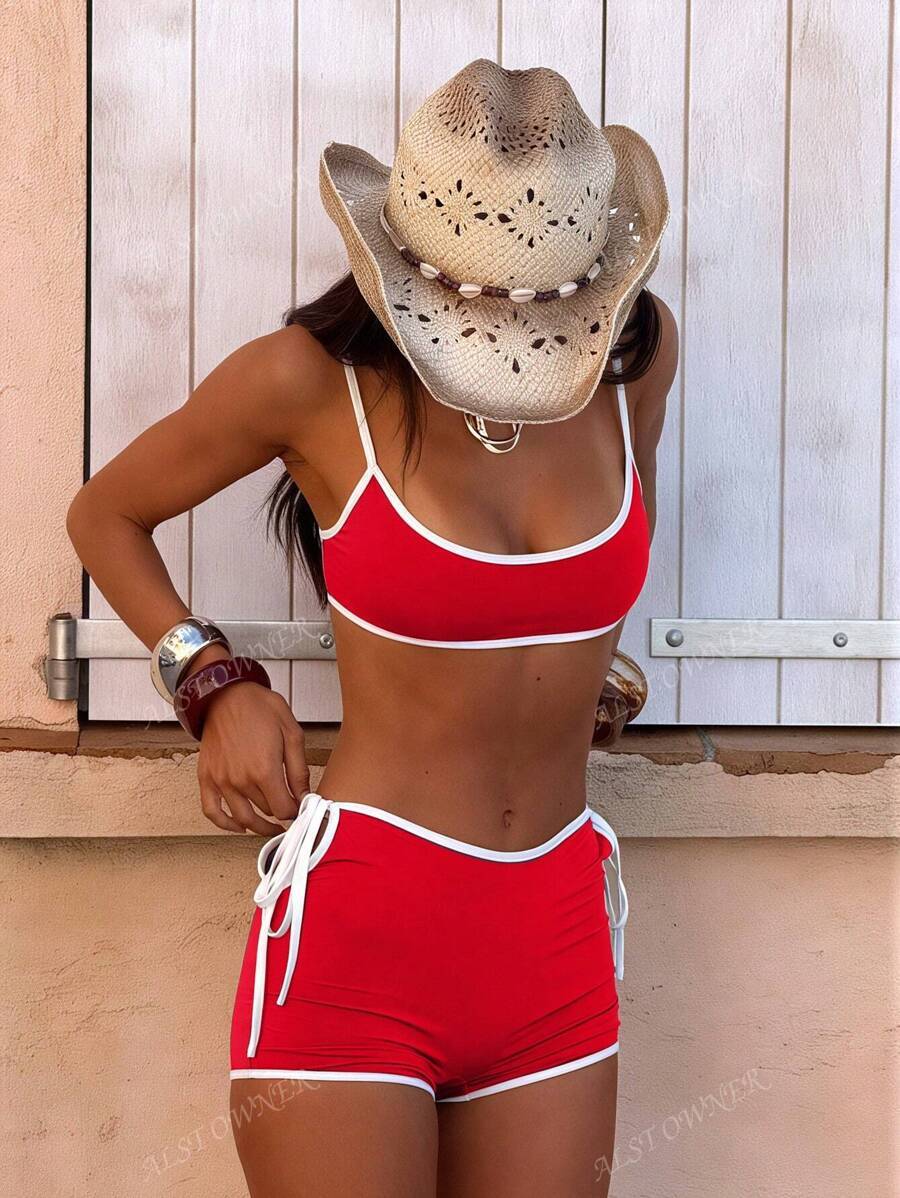 レディース 水着 ビキニセット 女性用ビキニセット、ヨーロッパ風スポーティークロップトップブラレットベスト水着ビキニセット、ボーイ拍卖