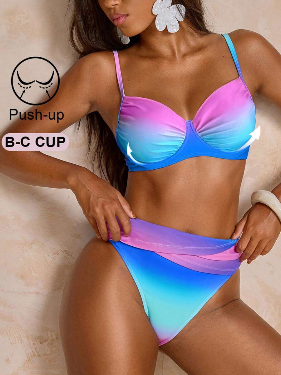 レディース 水着 ビキニセット 女性用のグラデーションカラーのミニマリストなスパゲッティストラップのビキニ トップとボトムのカジュ拍卖