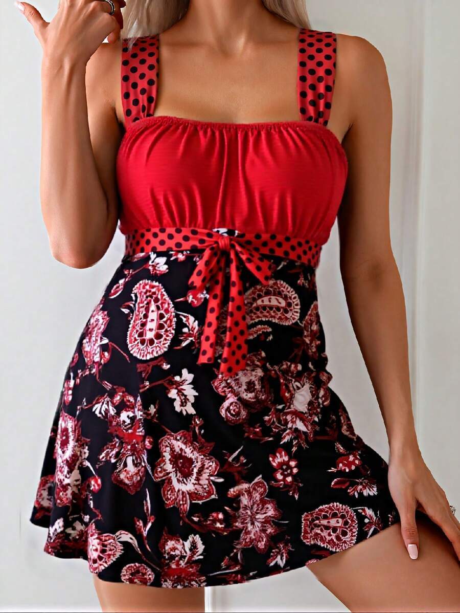 レディース 水着 ビキニセット 女性用 夏のビーチアウトフィット 2点セット: 無地&ランダムフローラルプリントノースリーブタイブ拍卖