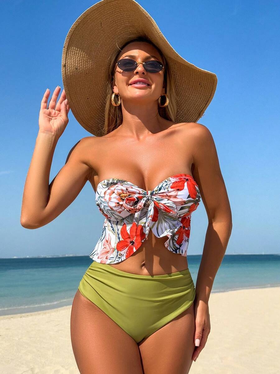 レディース 水着 ビキニセット 女性用ハワイアン ビーチフローラルプリントタンキニ水着セット、夏休みに拍卖