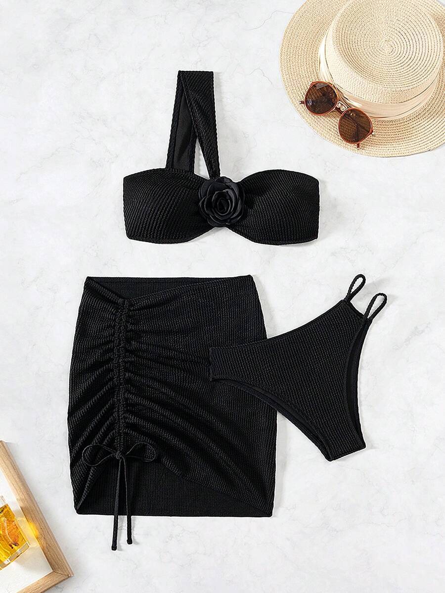 レディース 水着 ビキニセット 女性用 夏のビーチウェア 3点セット、新作無地ホルターネックトップ 3Dフラワーデコレーション、セ拍卖