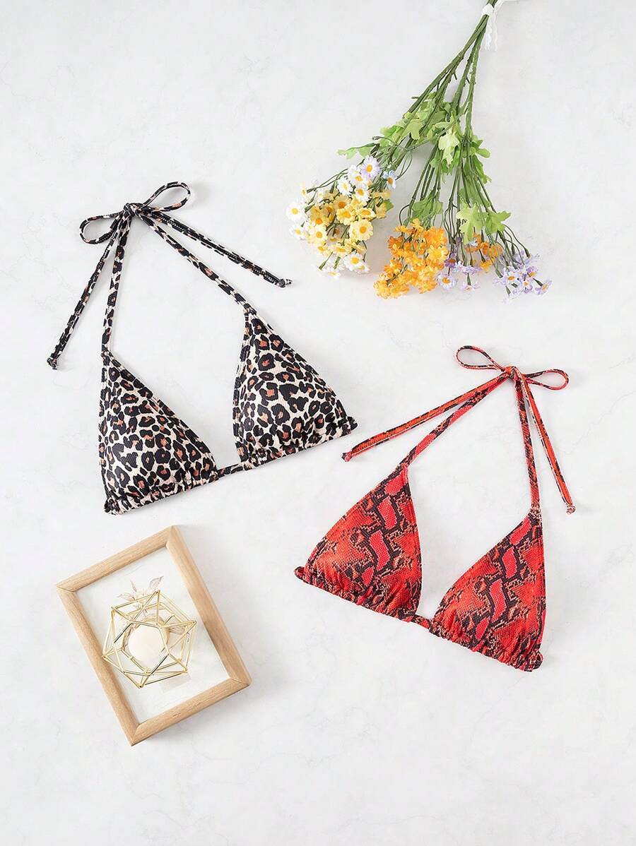 レディース 水着 トップス ビーチ夏用 レディース 2点セットビキニトップ、ファッショナブルなマルチカラーのヒョウ柄&ヘビ柄スパゲ拍卖