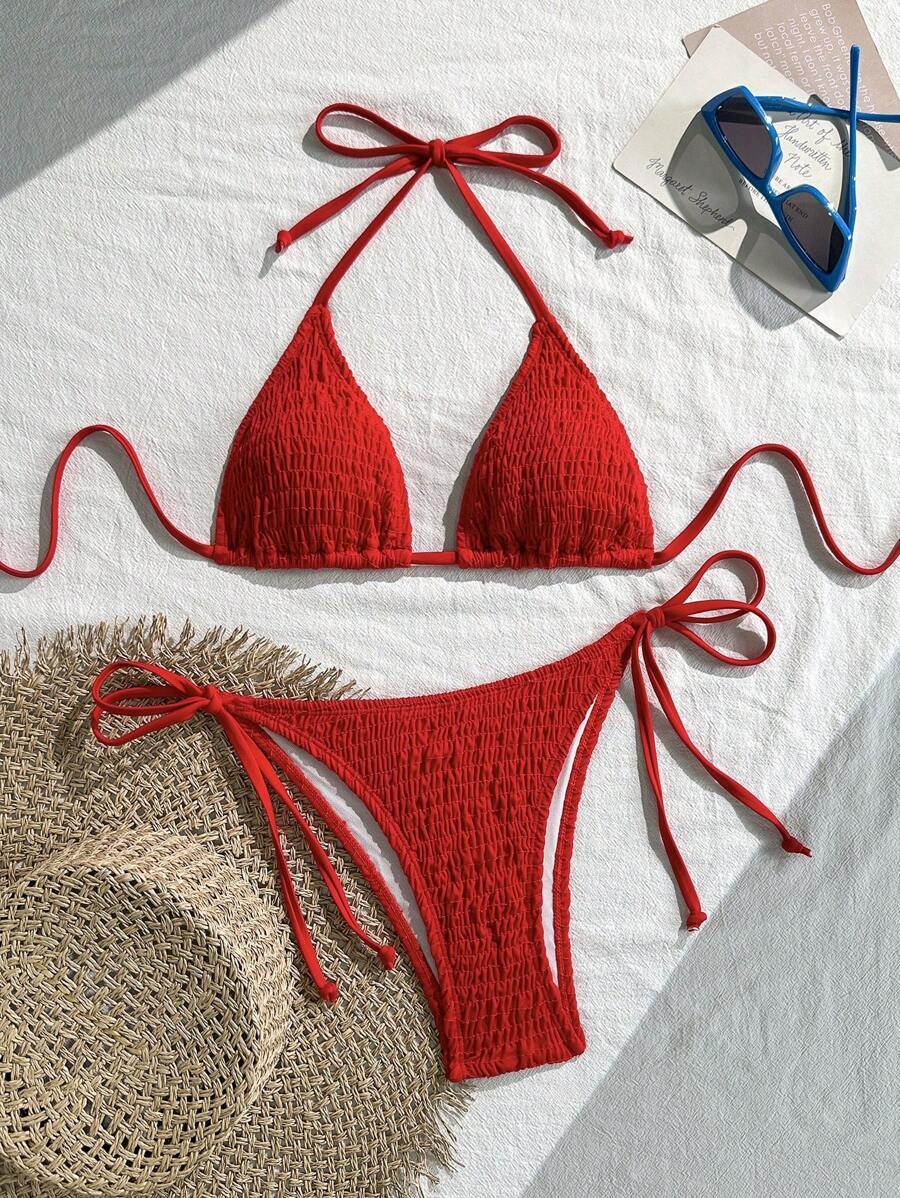 レディース 水着 ビキニセット 無地ホルターネック スプリット レッド ビキニセット拍卖