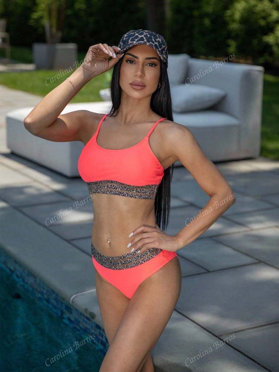 レディース 水着 ビキニセット ヒョウ柄 トリムメッシュ ビキニ水着拍卖