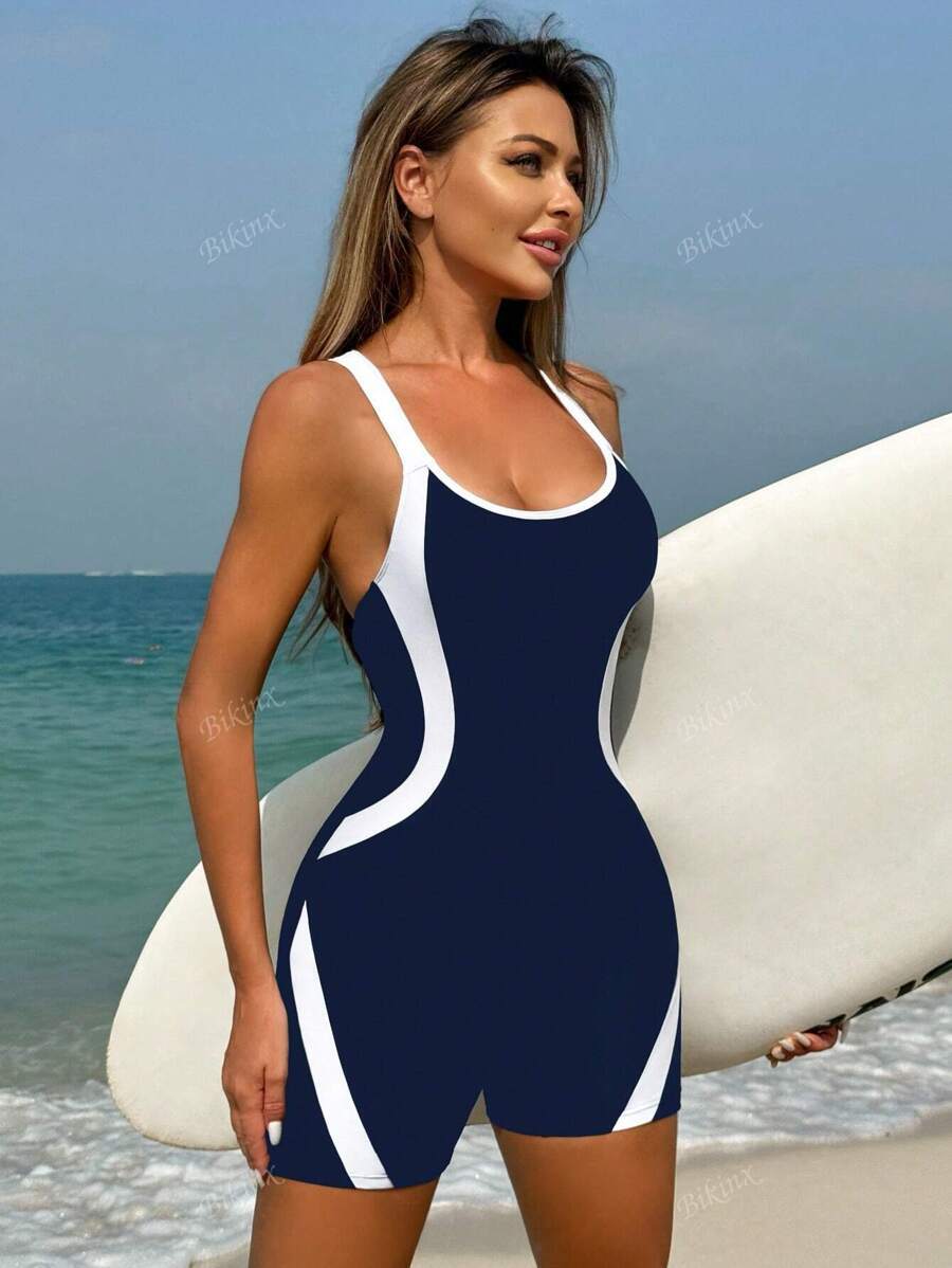 レディース 水着 ワンピース 女性用コントラストカラー曲線ステッチカジュアルスポーツボクサーパンツ ビーチバケーション用ワンピース拍卖