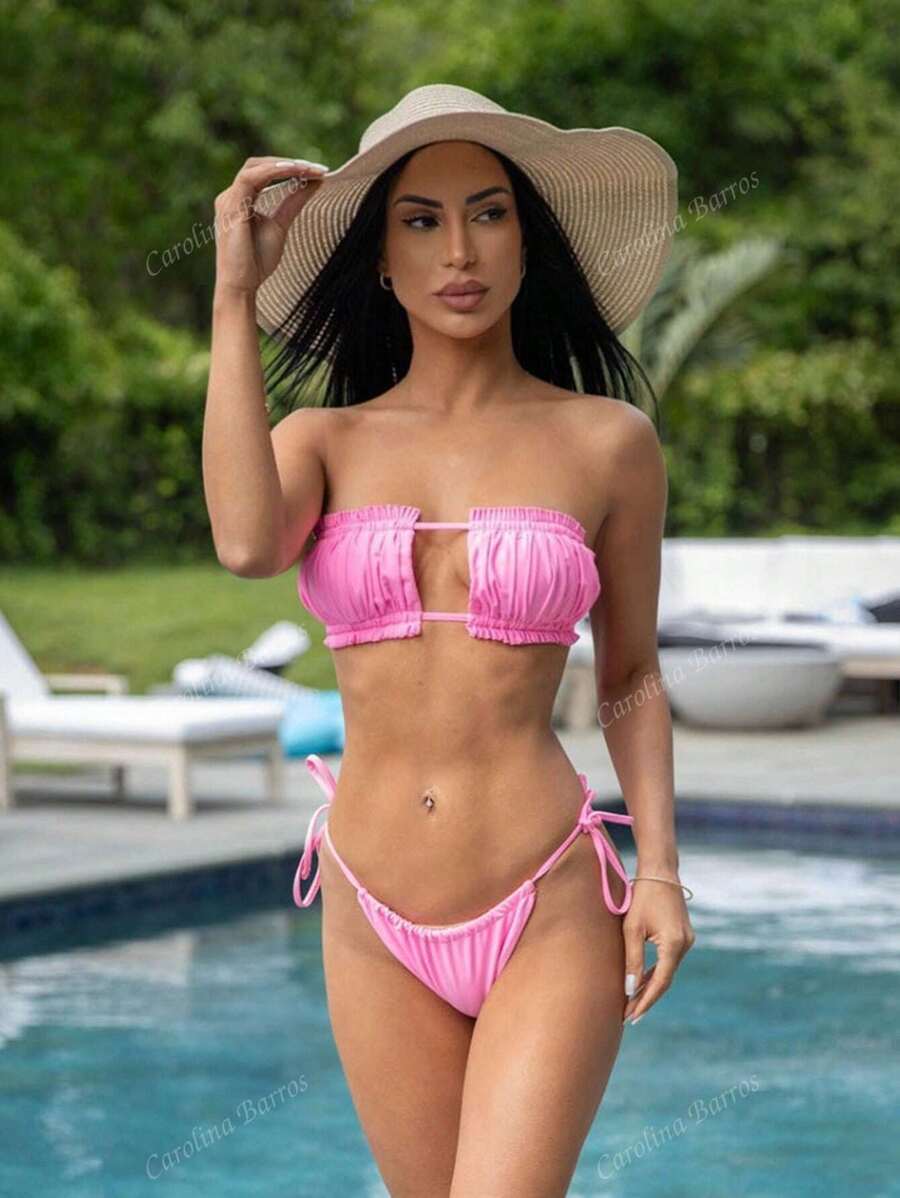 レディース 水着 ビキニセット フリルの付いた ビキニセット フリルトリム タイバック ブラトップ & 横結び ボトム 2ピース拍卖