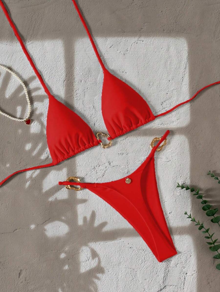 レディース 水着 ビキニセット レディース新作ファッション 無地ホルターネック バックレス メタルデコレーション セクシートライア拍卖