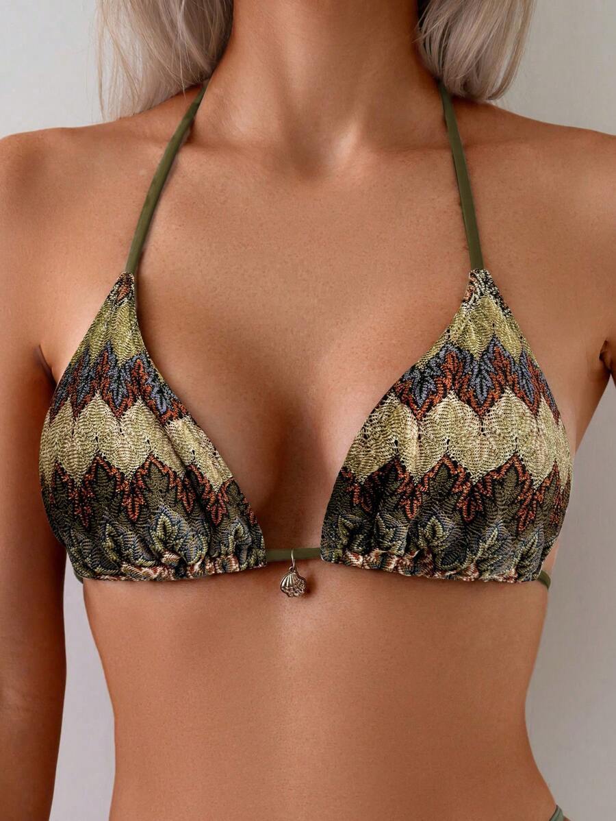 レディース 水着 トップス 女性用 特殊素材シェルペンダント付きバックレスビキニトップ、夏のビーチバケーション向け拍卖