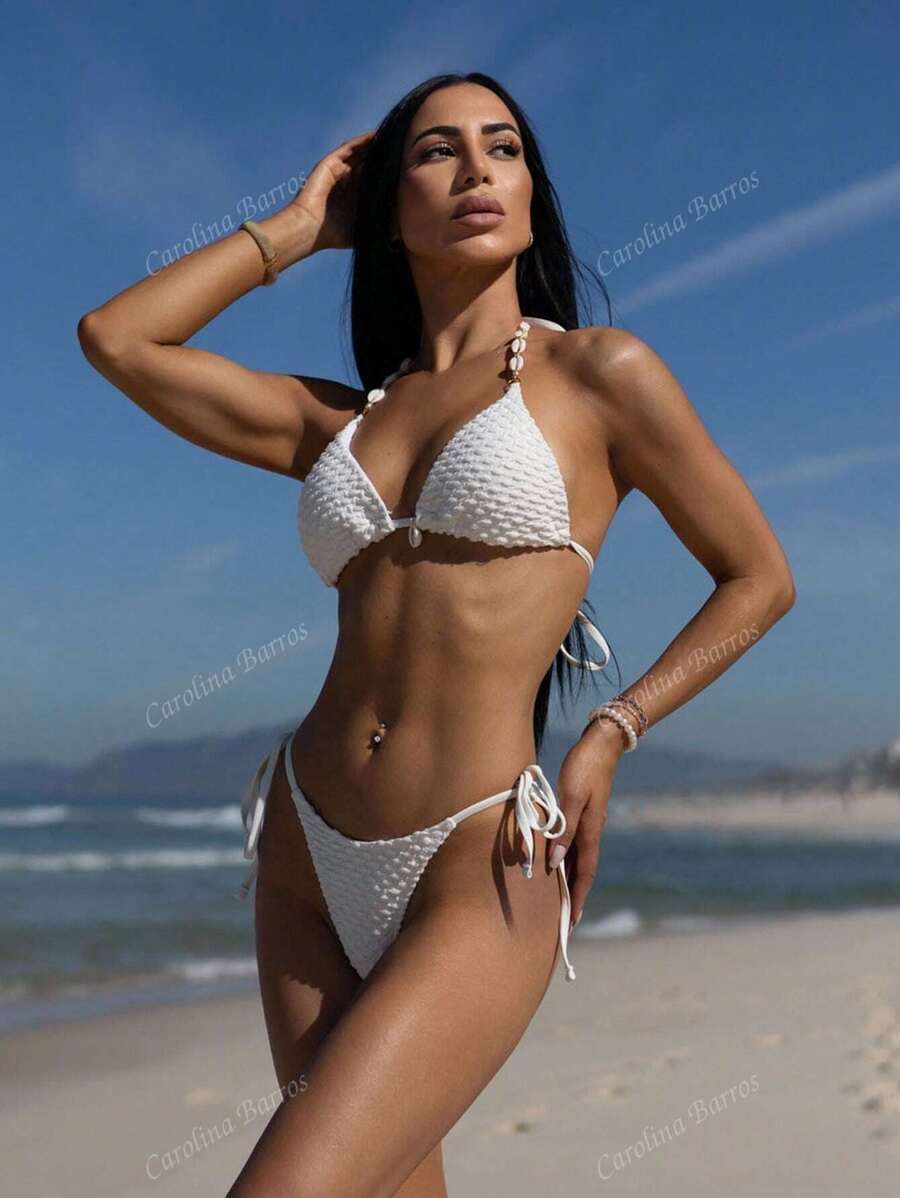 レディース 水着 ビキニセット 夏のビーチ ソリッドカラー テクスチャ ビキニセット ウェディング拍卖