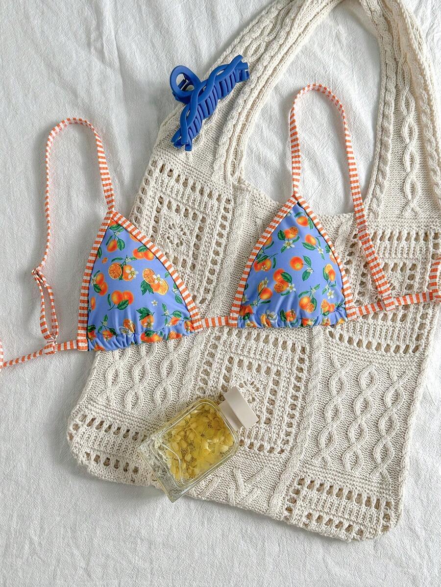 レディース 水着 トップス ランダムプリント スパゲッティストラップ キュートなビキニトップ、ビーチ、夏拍卖