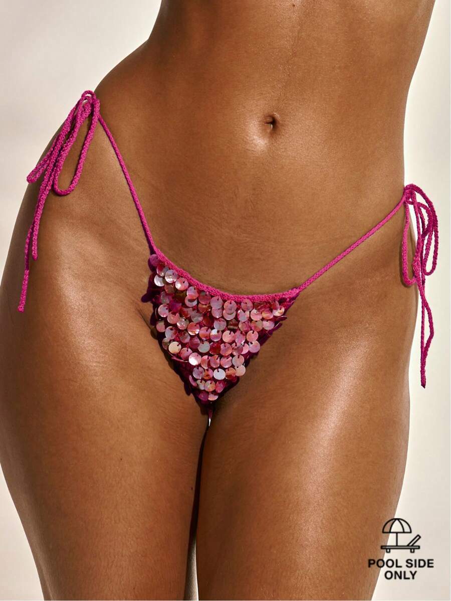 レディース 水着 ボトムス 編み込みイリデセントシェル サイドタイ ビキニボトムのみ ビーチスイムウェア バケーション サマー ホ拍卖