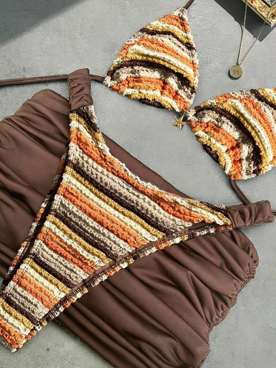 レディース 水着 ビキニセット 女性夏ビーチウェーブパターンホルターネックセクシービキニ3点セット(カバーアップスカート付き)拍卖