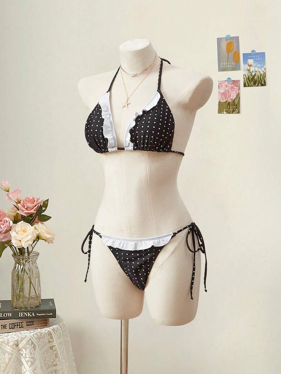 レディース 水着 トップス レトロポルカドットフリルトリミングトライアングルビキニトップ拍卖