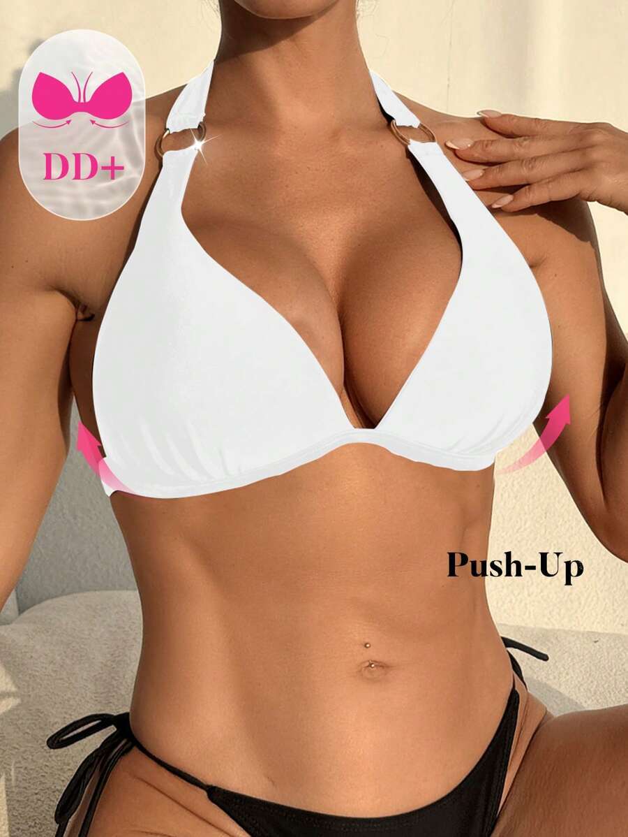 レディース 水着 トップス + プラスサイズ 三角ビキニトップ、メタルアクセント、ホルターストラップ デザイン、サポート性あるアン拍卖