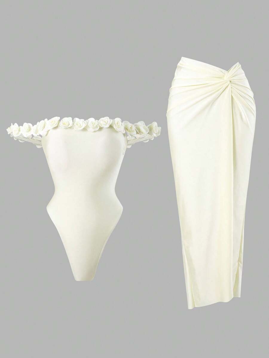 レディース 水着 ワンピース 肩出し 無地 3Dフラワー装飾 ハイカット エレガント ワンピース水着ドレス 2点セット ロングスカ拍卖