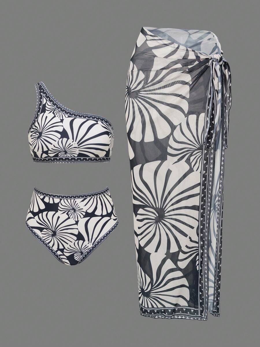 レディース 水着 ビキニセット 3点 レディース水着 夏用、オブリークショルダー ファッションプリントメッシュドレスカバーアップ、拍卖