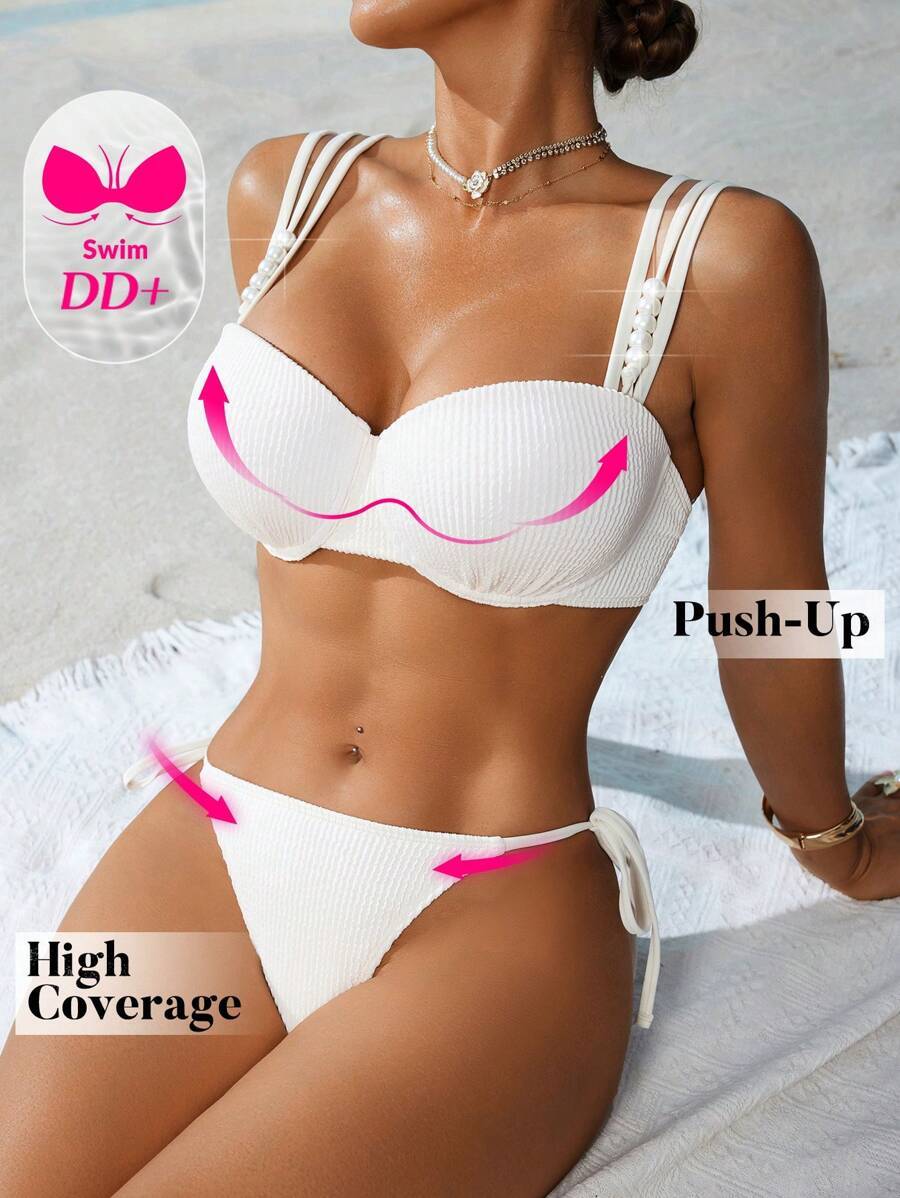 レディース 水着 ビキニセット + シリーズ レディース 夏用 テクスチャ生地 パール装飾 盛りゴテアップトップ とセクシーなシ拍卖