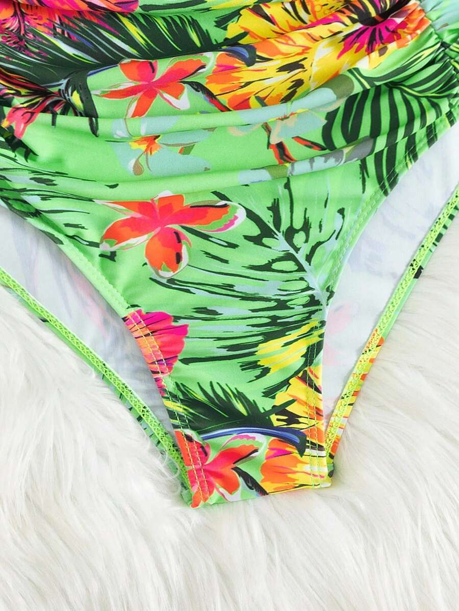 レディース 水着 ボトムス パームプリント シャーリング ハイウエスト ビキニボトム レディース 夏用拍卖