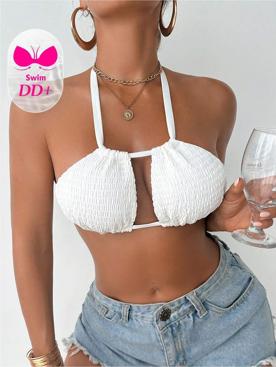 レディース 水着 トップス + レディース夏ビーチ無地リューシュ加工セクシーホルターネック ビキニトップ拍卖