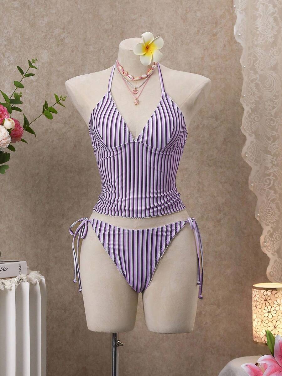 レディース 水着 ビキニセット さくらんぼ柄チェックビキニセット、クロップトップスタイル拍卖